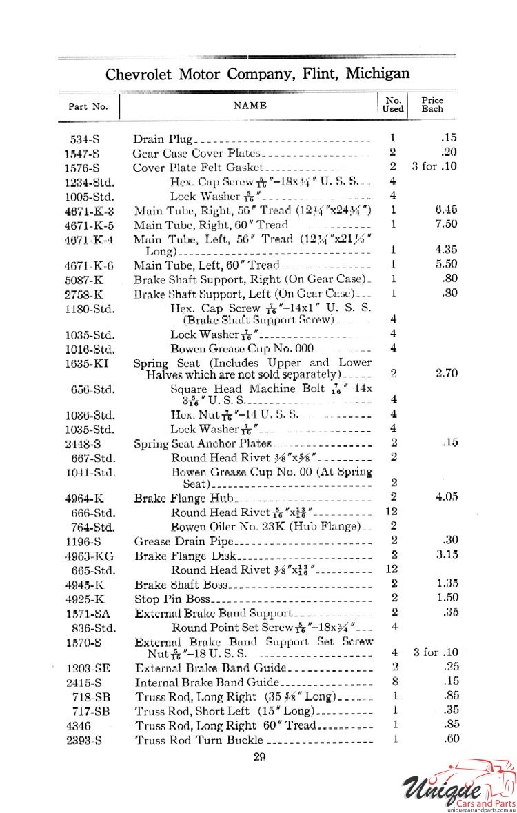 1912 Chevrolet Light and Little Six Parts Price List Page 29